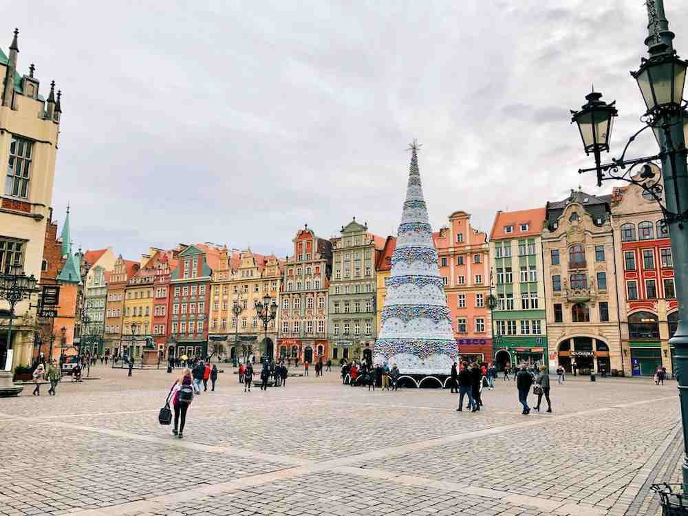 people walking beside giant Christmas tree